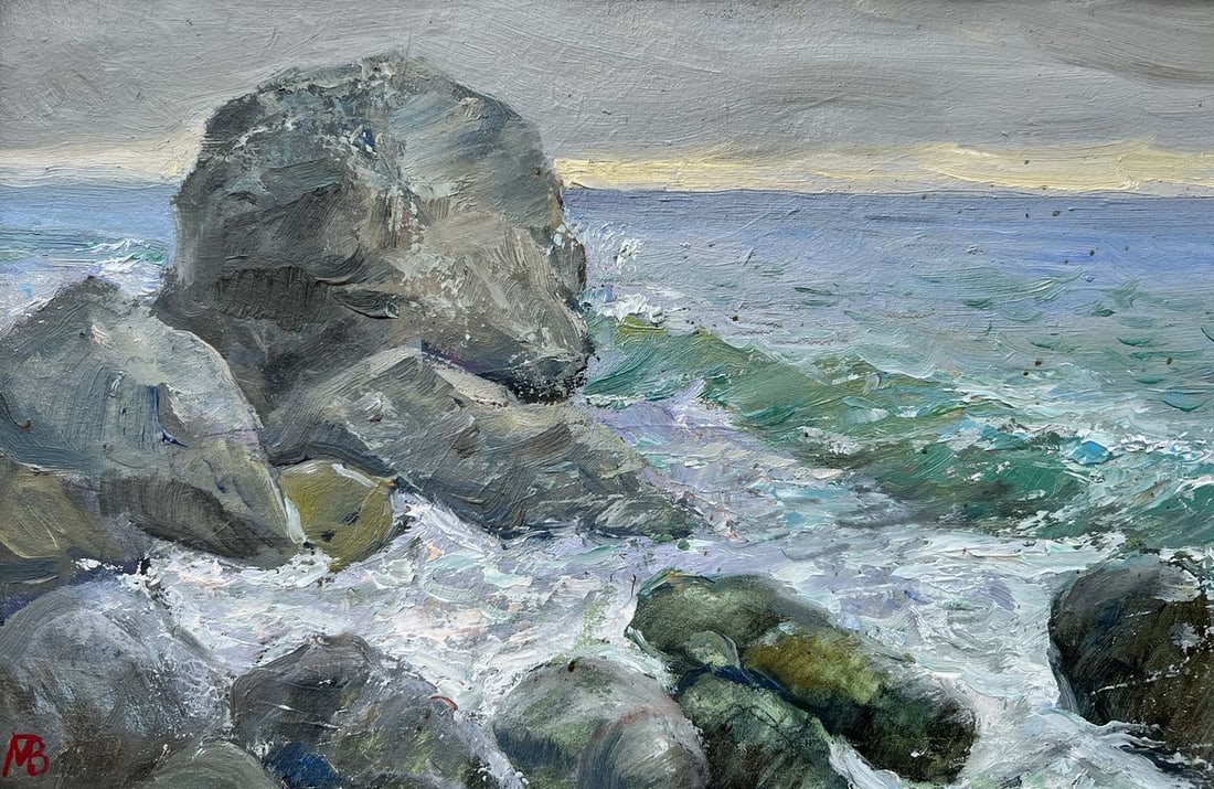 Oil painting Rocky coast V. Mishurovsky: Title: Oil painting Rocky coast V. Mishurovsky Description: 304.1*** ABOUT THIS PAINTING **** TITLE: "Rocky coast"* ARTISTS: V. Mishurovsky* SIZE: 20x36 cm/'7.87x14.17 inches* MEDIUM: oli, cardboard* 