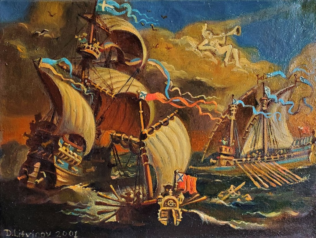 Oil painting Capture the ship Daniil Litvinov: Title: Oil painting Capture the ship Daniil Litvinov Description: Litv 1187Price for 3 paintings in a set: $1200*** ABOUT THIS PAINTING **** TITLE: "Capture the ship" - Peter the Great - Triptych -