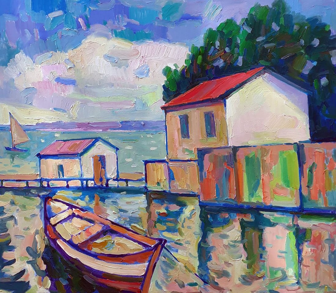 Oil painting Landscape with a boat Peter Tovpev: Title: Oil painting Landscape with a boat Peter Tovpev Description: Dobr 865"Landscape with a Boat" is a vibrant and serene oil painting that beautifully captures a peaceful coastal scene. The