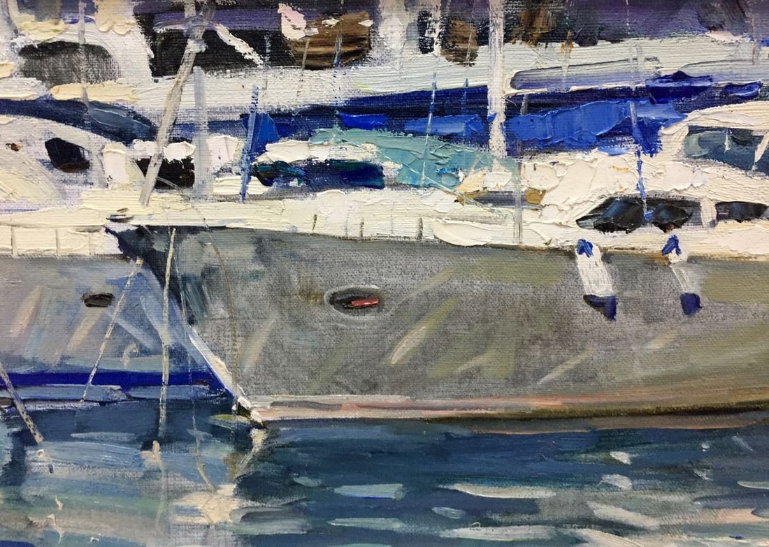 Oil painting Yacht and reflection in white Irina Kalyuzhnaya - 5