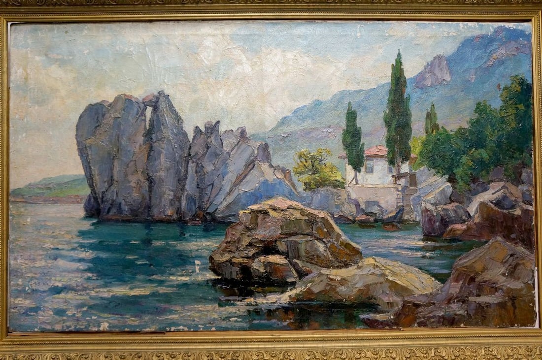 Oil painting House by the shore: Title: Oil painting House by the shore Description: Vern 1405 *** ABOUT THIS PAINTING *** * TITLE: "House by the shore" * ARTISTS: Unknown author * SIZE: 49x83 cm/'19.29x32.67 inches' * MEDIUM: oil, c
