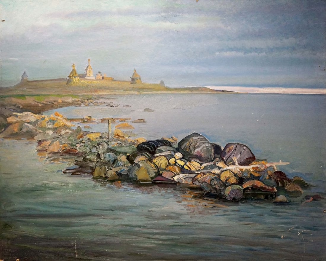 Oil painting On the shore: Title: Oil painting On the shore Description: Verns 434 *** ABOUT THIS PAINTING *** * TITLE: "On the shore" * ARTISTS: Unknown artist * SIZE: 85x104 cm/'33.46x40.94 inches' * MEDIUM: oil, cardboard * 