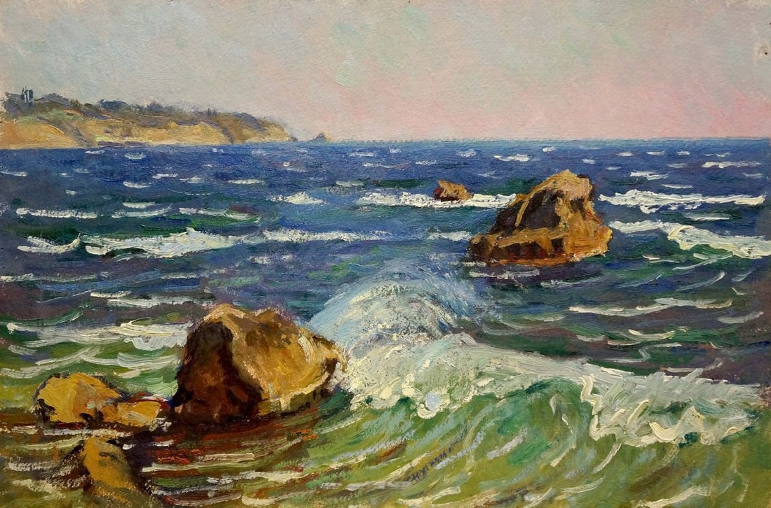 Oil painting Sea shore Gomolsky G.S.: Title: Oil painting Sea shore Gomolsky G.S. Description: Verns 477 *** ABOUT THIS PAINTING *** * TITLE: "Sea shore" * ARTISTS: Gomolsky G.S. * SIZE: 59x39 cm/'23.22x15.35 inches' * MEDIUM: oil,