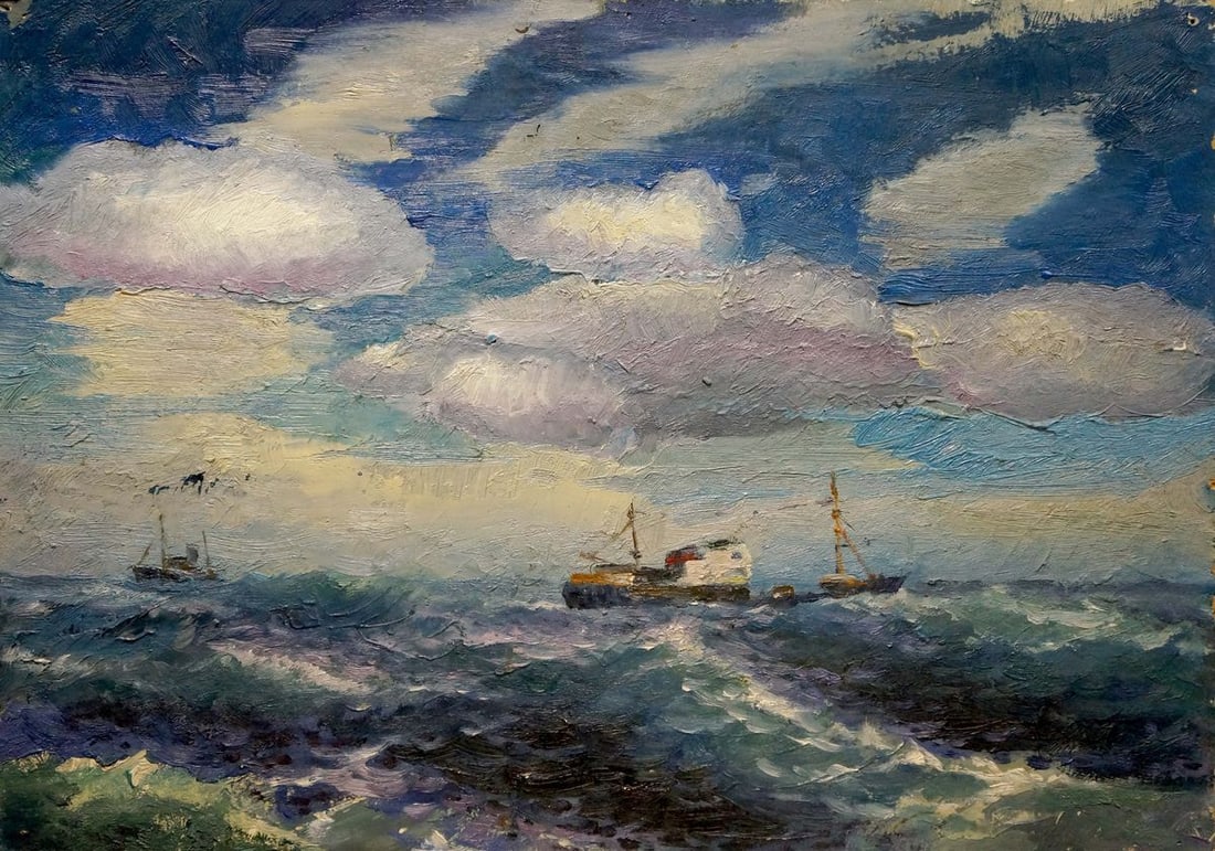 Oil painting Ships at sea: Title: Oil painting Ships at sea Description: Verns 501 *** ABOUT THIS PAINTING *** * TITLE: "Ships at sea" * ARTISTS: Unknown artist * SIZE: 35x48 cm/'13.77x18.89 inches' * MEDIUM: oil, cardboard * H