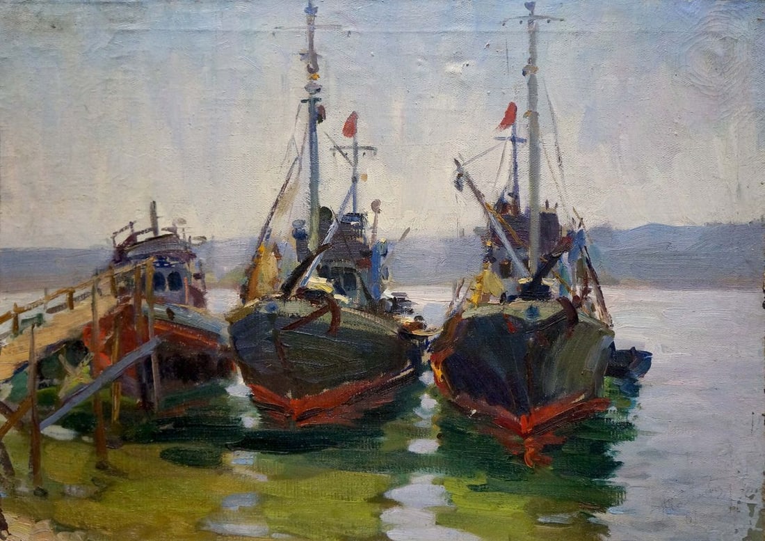 Oil painting Ships in port Kolomoitsev Petr Mikhailovich: Title: Oil painting Ships in port Kolomoitsev Petr Mikhailovich Description: Verns 581 *** ABOUT THIS PAINTING *** * TITLE: "Ships in port" * ARTISTS: Kolomoitsev Petr Mikhailovich * SIZE: 45x63 cm/'1