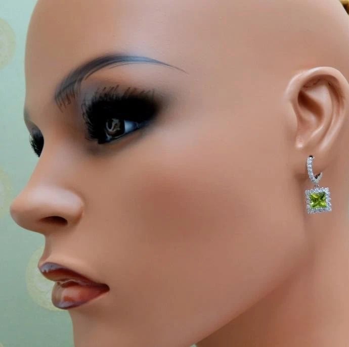 3.68ct Natural Peridot 1.36ct Diamond Dangle Earrings 14 Karat** - 2