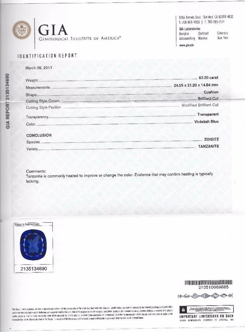 GIA Certified 62.60ct Natural Blue Cushion Cut Tanzanite Magnificent+ - 2