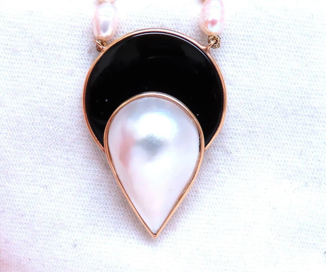 Art Deco Style Onyx Mabe Pearl Necklace 14kt Gold** - 3