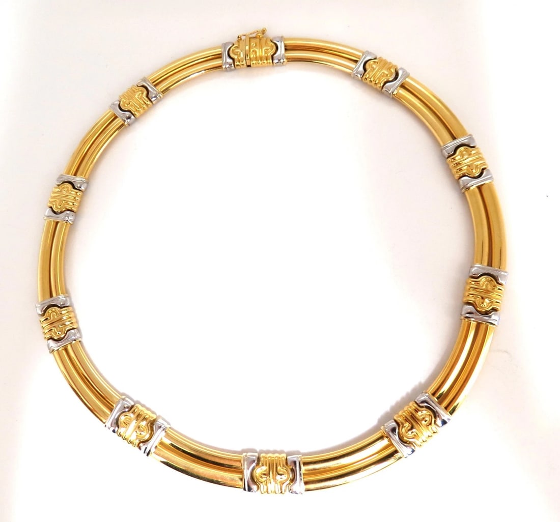 18kt Gold Byzantine Deco Link Necklace Two toned **: Title: 18kt Gold Byzantine Deco Link Necklace Two toned ** Description: MAGNIFICENT JEWELS Byzantine deco link necklace 18Kt Yellow / white Gold Weight: 59 Grams 17 inches length. Comfortable clasp . 