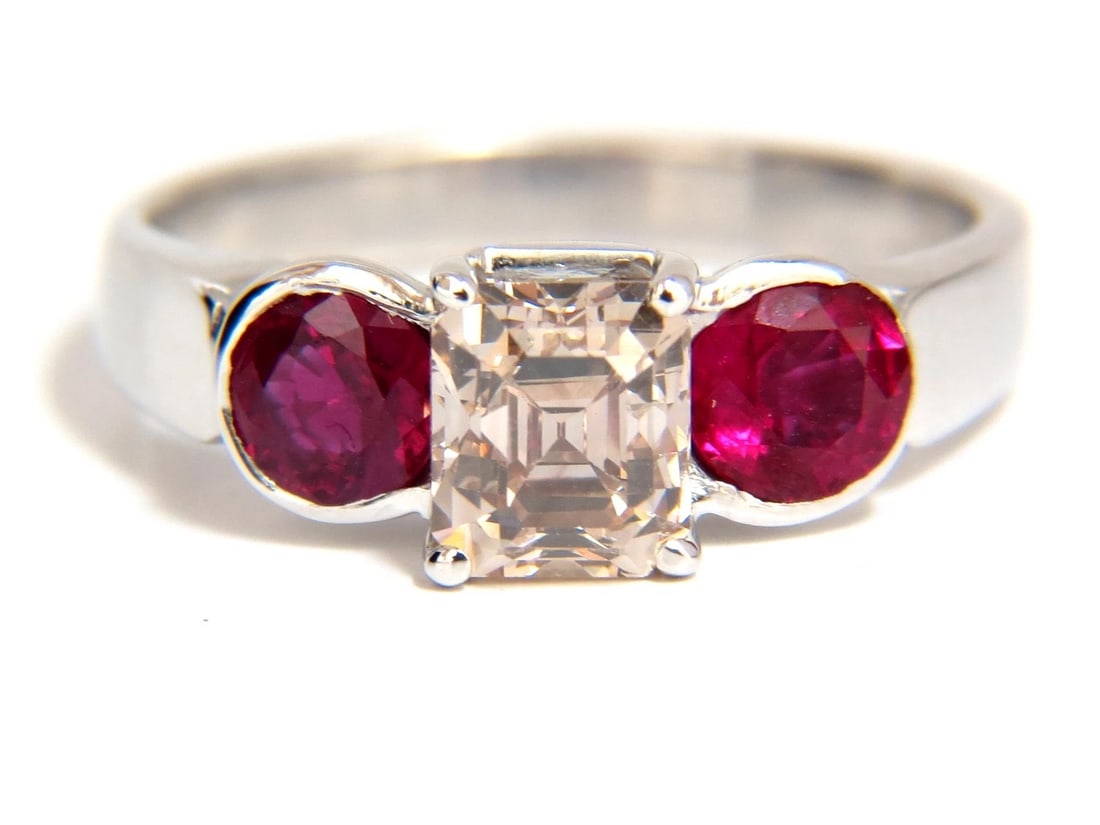 2.46CT Natural fancy color light brown diamond ruby ring 18kt. Three Stone** - 2