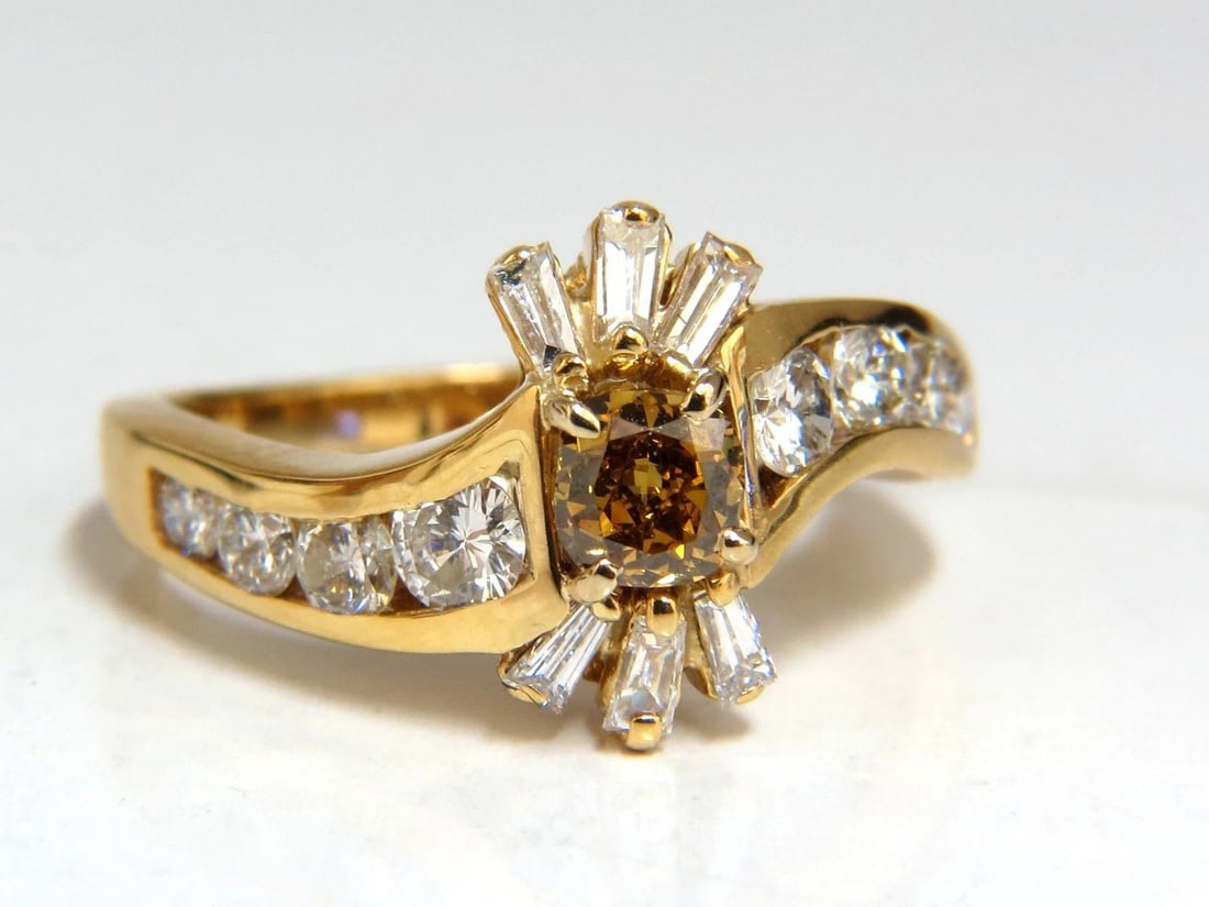1.62ct natural fancy color diamond ring 14kt gold**: Title: 1.62ct natural fancy color diamond ring 14kt gold** Description: MAGNIFICENT JEWELS Fancy color Diamond ring. .52ct. Natural, Fancy Yellow Orange Brown Diamond Full cut brilliant Cushion Vivid 