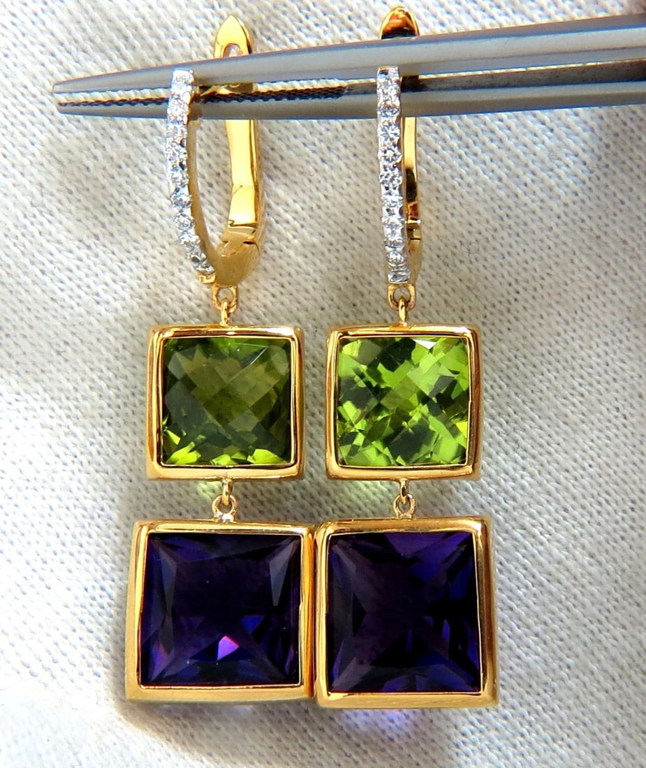 13.05ct Natural Amethyst Peridot Diamond Dangle earrings 14kt**: Title: 13.05ct Natural Amethyst Peridot Diamond Dangle earrings 14kt** Description: MAGNIFICENT JEWELS Amethysts & Peridot Dangle Earrings 12.75ct. Natural Amethyst & Peridot Clean Clarity, Vivid purp