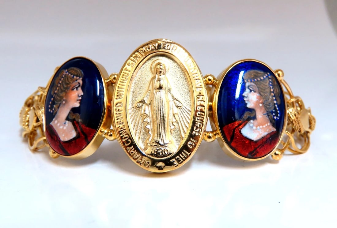 Virgin Mary Bracelet 14kt Gold 21 Grams France**: Title: Virgin Mary Bracelet 14kt Gold 21 Grams France** Description: Virgin Mary Amulet Talisman With Two Artistic enamel Details Marked "France" on Reverse Durable, Well Made 14kt. yellow gold 21 Gra