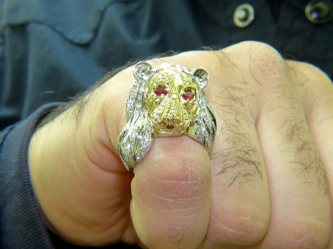 18KT ITALY UNISEX HUGE 3.40CT NATURAL DIAMONDS RUBY LION RING *v - 13