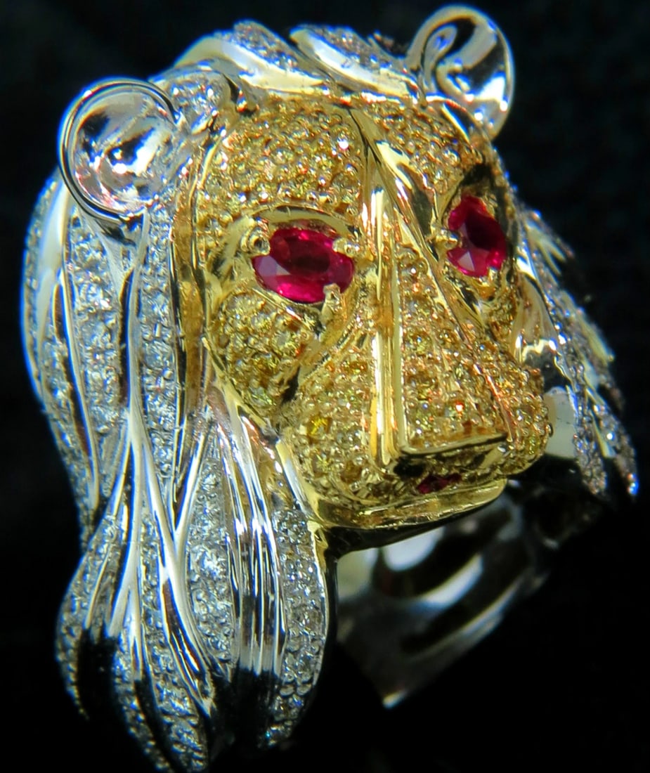 18KT ITALY UNISEX HUGE 3.40CT NATURAL DIAMONDS RUBY LION RING *v: Title: 18KT ITALY UNISEX HUGE 3.40CT NATURAL DIAMONDS RUBY LION RING *v Description: MAGNIFICENT JEWELS Prime Deco Lioness Ring Mens / Ladies 2.00ct. White diamonds, F-G color Vs-1 Vs-2 clarity. 1.00c