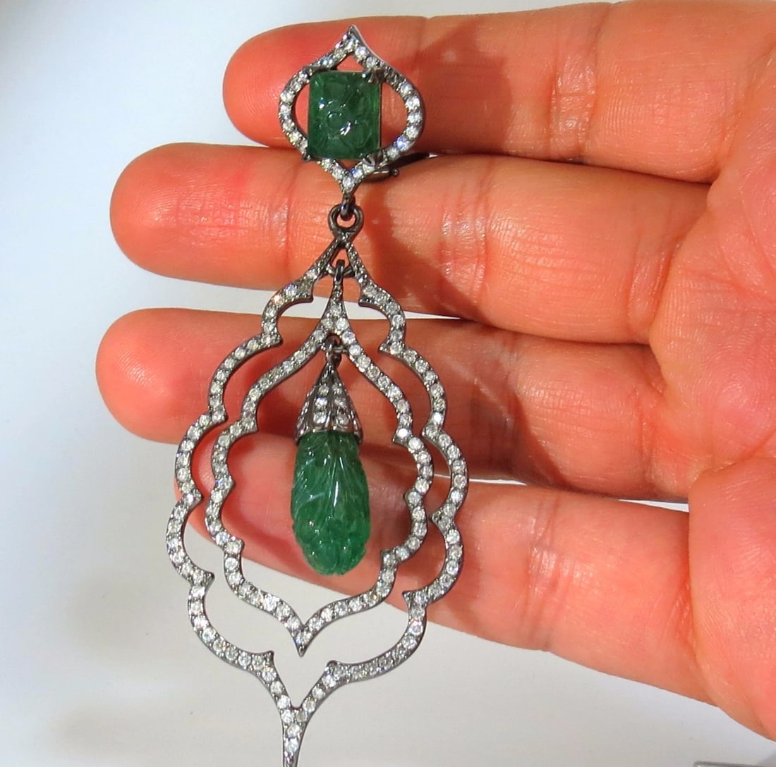 29.50ct NATURAL CARVED EMERALDS DIAMONDS DANGLING EARRINGS 14kt** - 3