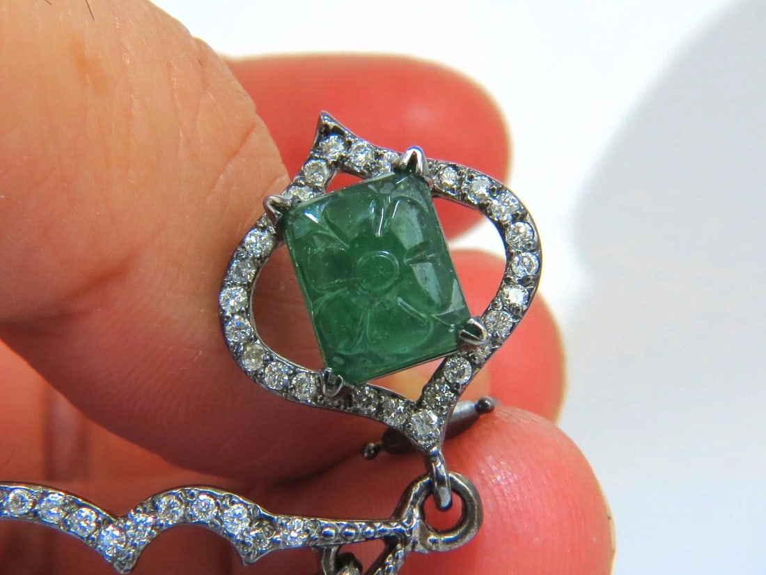 29.50ct NATURAL CARVED EMERALDS DIAMONDS DANGLING EARRINGS 14kt** - 5