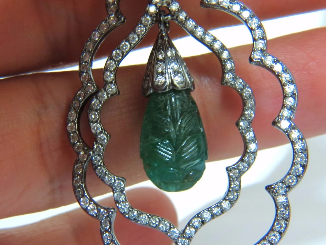 29.50ct NATURAL CARVED EMERALDS DIAMONDS DANGLING EARRINGS 14kt** - 6