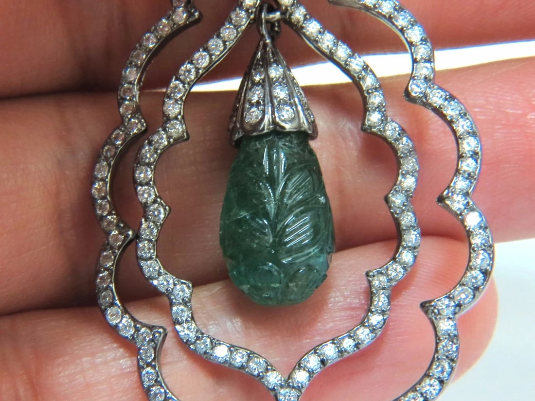 29.50ct NATURAL CARVED EMERALDS DIAMONDS DANGLING EARRINGS 14kt** - 8