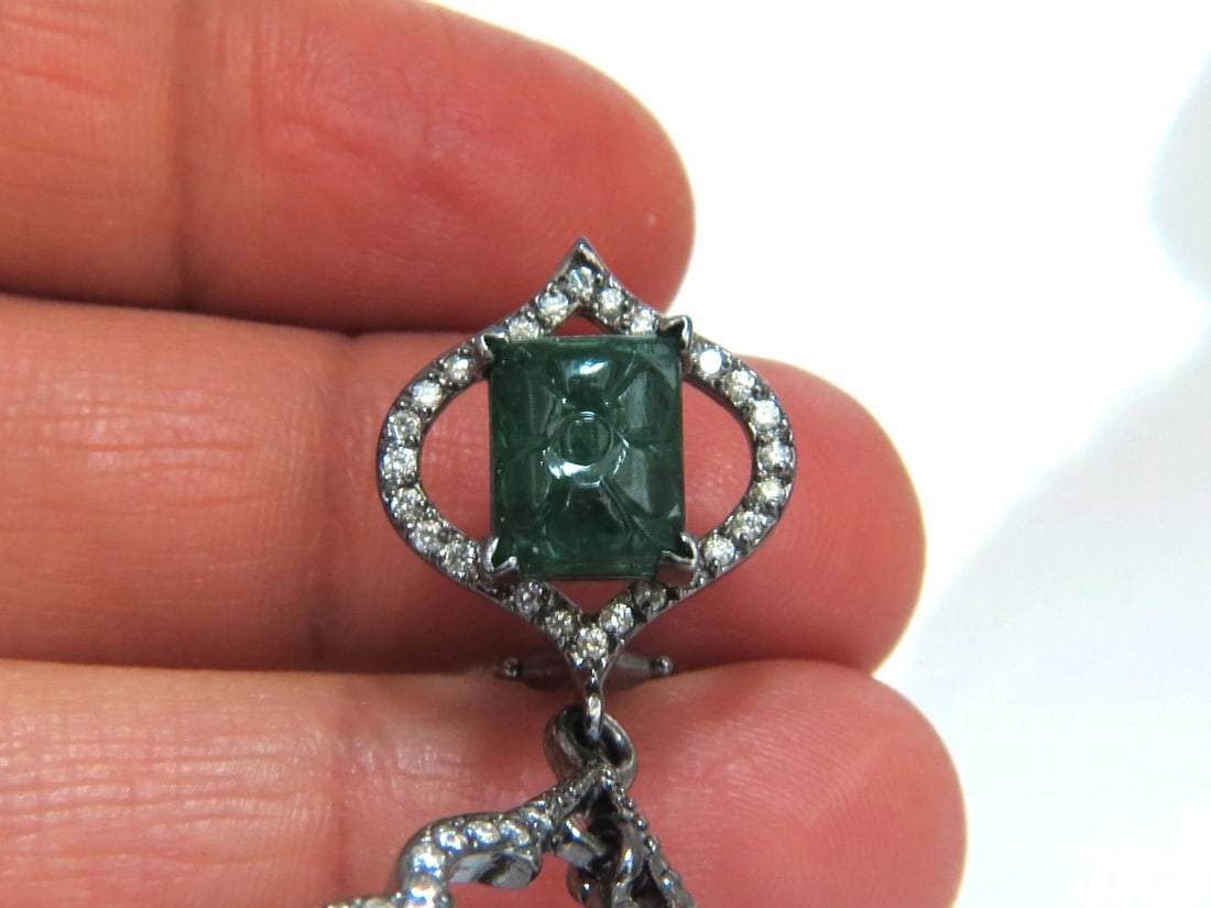 29.50ct NATURAL CARVED EMERALDS DIAMONDS DANGLING EARRINGS 14kt** - 9