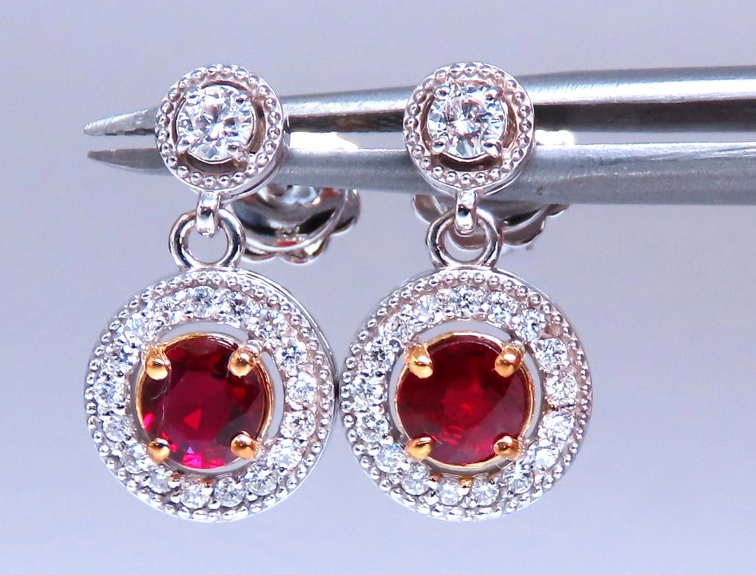 .95ct Natural Ruby Diamond Cluster Stud dangle earrings 14kt gold**: Title: .95ct Natural Ruby Diamond Cluster Stud dangle earrings 14kt gold** Description: .95ct natural round ruby diamond cluster earrings 4.7mm ruby, clean clarity transparent. Heated. .50ct. Natural