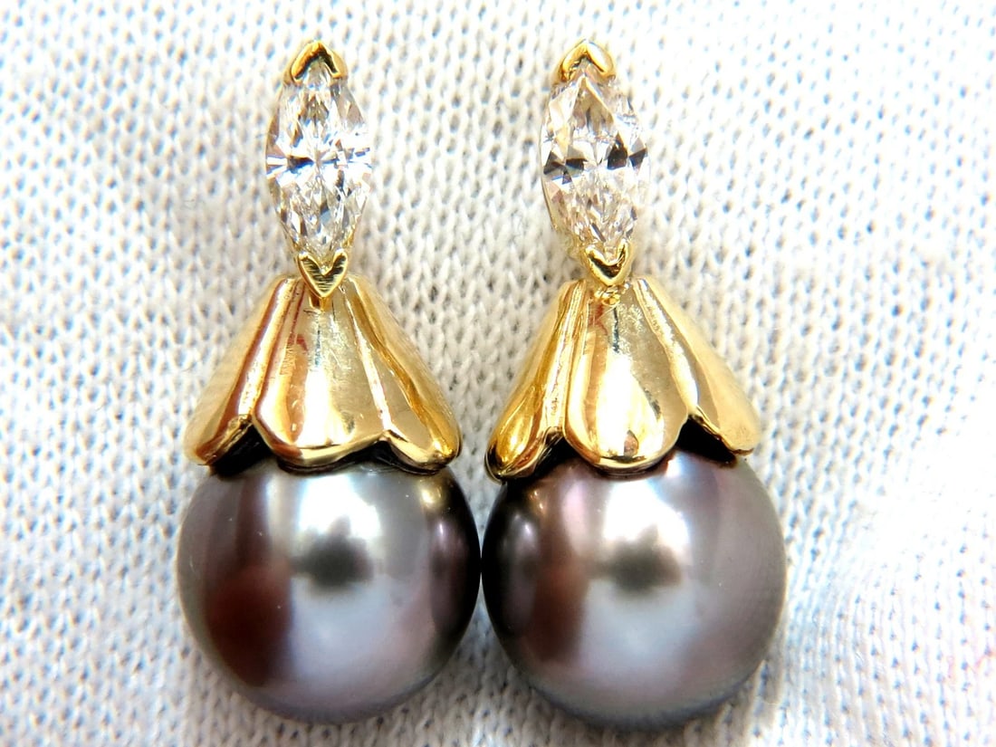 10mm natural Tahitian pearl & .80ct diamonds drop cap earrings 14kt**: Title: 10mm natural Tahitian pearl & .80ct diamonds drop cap earrings 14kt** Description: Drop Cap. 10mm natural Tahitian Pearls, Pintada Mollusk, Black Lipped Oyster Silvery Grey luster with slight p