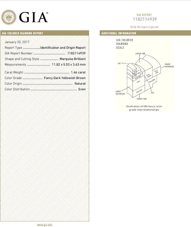 GIA certified 1.46ct Fancy Dark Yellow Brown Diamond Ring Platinum** - 6