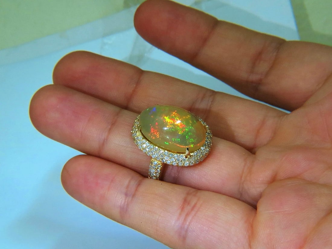11.36CT NATURAL HOLOGRAPHIC OPAL DIAMOND RING 14KT GOLD *v - 9