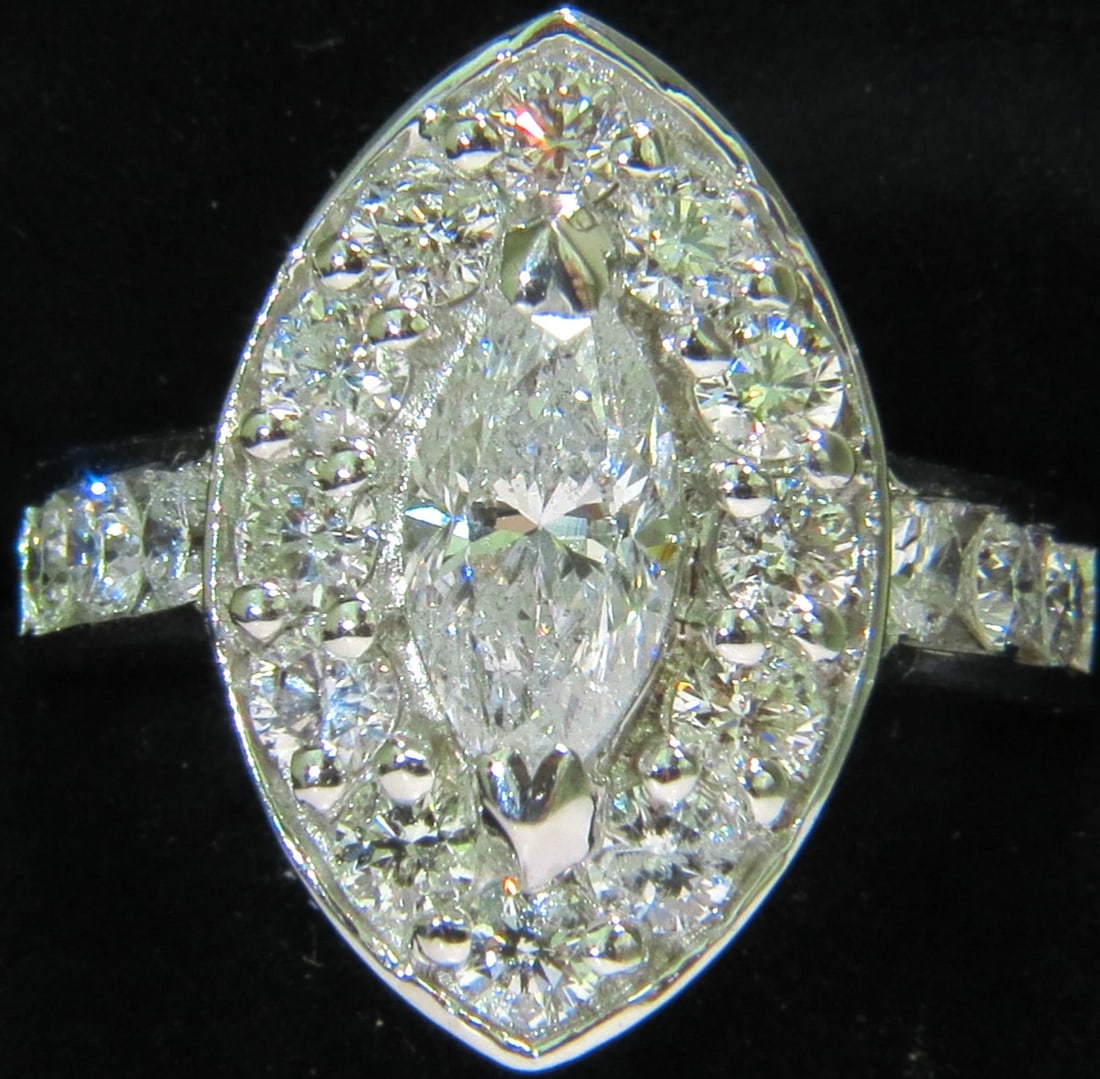 2.62ct NATURAL DIAMONDS CLUSTER RING MARQUISE & ROUNDS 14KT HALO DECO*v: Title: 2.62ct NATURAL DIAMONDS CLUSTER RING MARQUISE & ROUNDS 14KT HALO DECO*v Description: THE MARQUISE CLUSTER 1.05ct. Marquise natural diamond H-color, Si-2 clarity 18 Side natural round diamonds: 