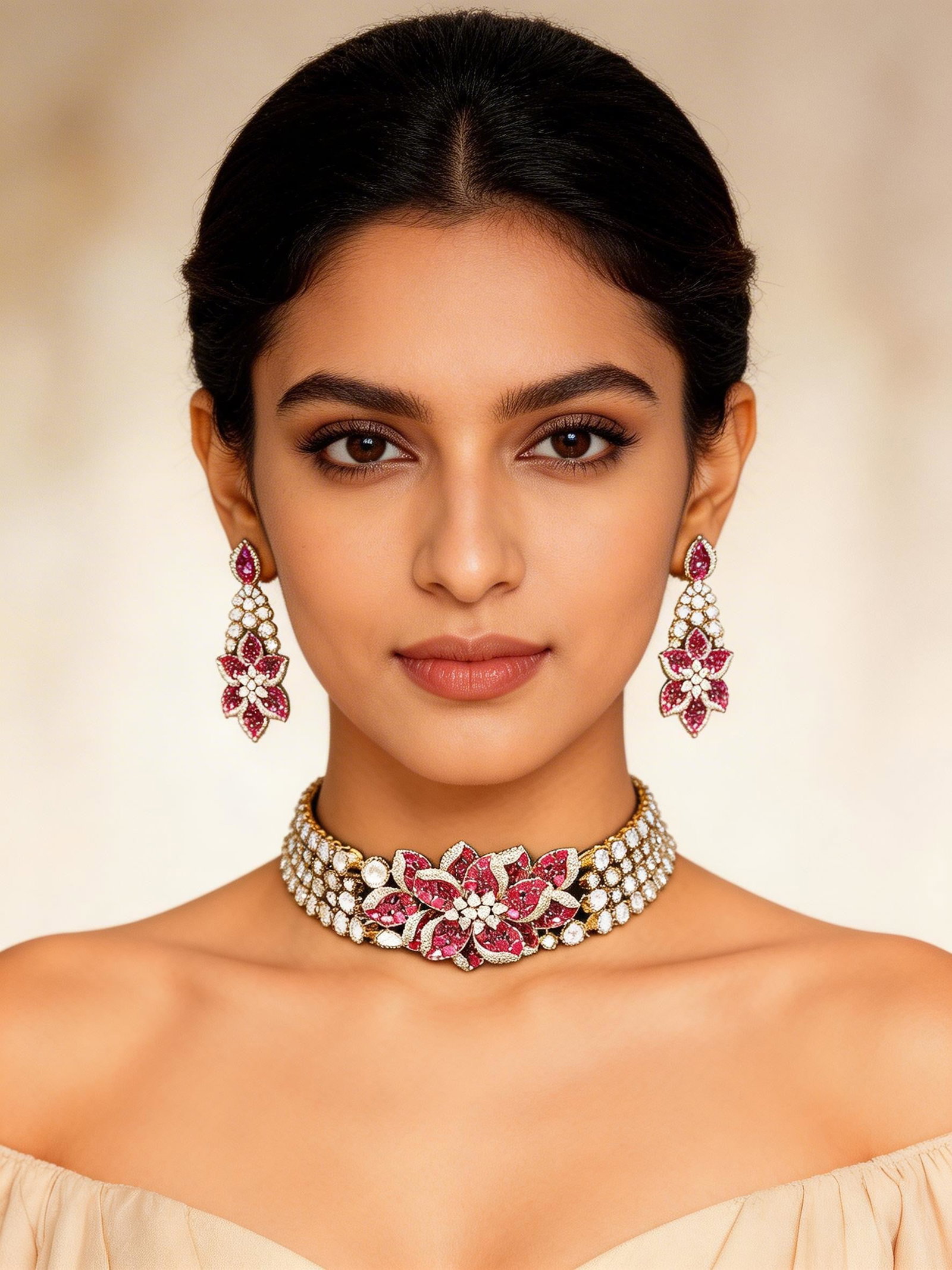 Pink Floral Stone Studded Kundan Choker Set with Earrings: Title:Pink Floral Stone Studded Kundan Choker Set with Earrings Reference:itemcode : JA0418 Reserve: $211.00 Shipping: Domestic: Shipping rates are determined by destination International: Foreign