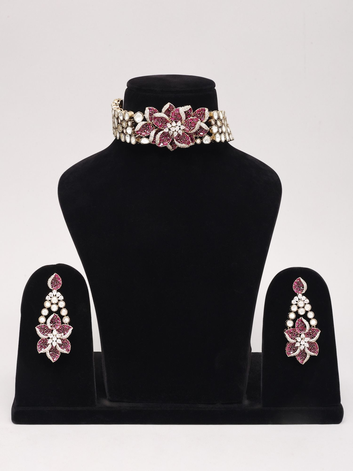 Pink Floral Stone Studded Kundan Choker Set with Earrings - 2