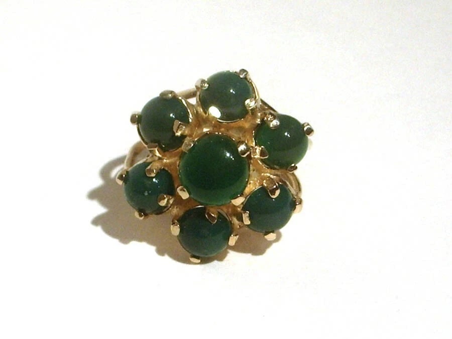 18 kt Gold Vermeil Sterling Silver Flower Cocktail Ring Green Onyx Cabochons - 2
