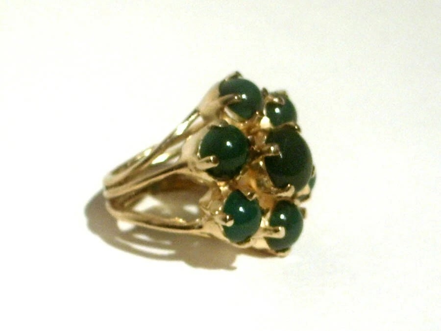 18 kt Gold Vermeil Sterling Silver Flower Cocktail Ring Green Onyx Cabochons - 3