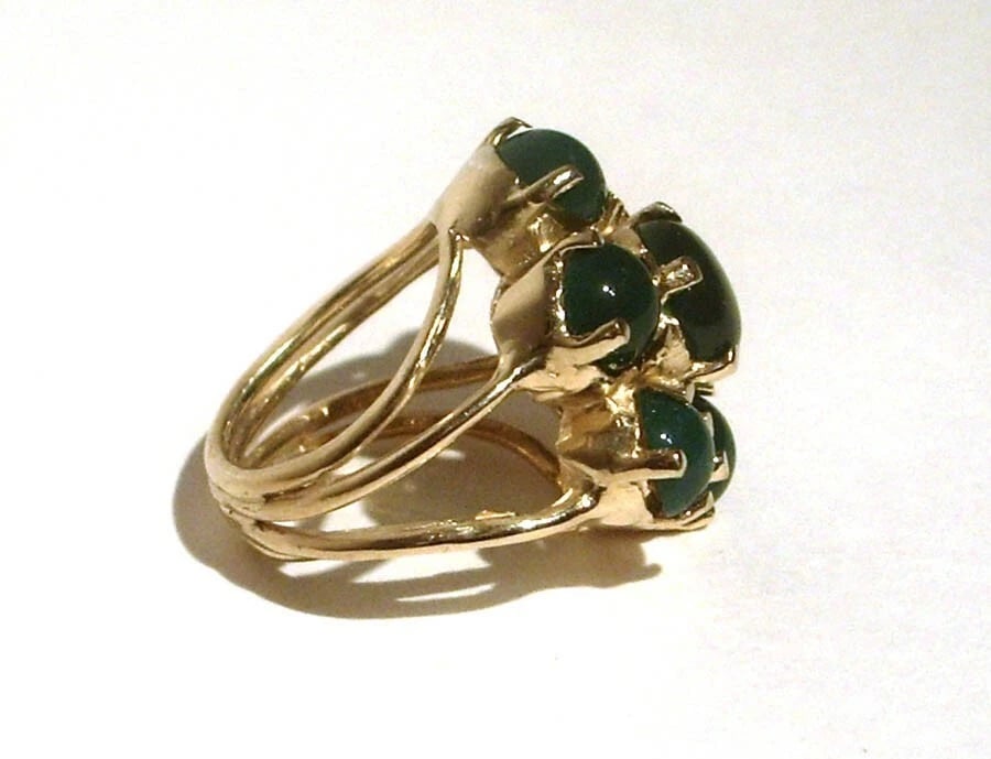 18 kt Gold Vermeil Sterling Silver Flower Cocktail Ring Green Onyx Cabochons - 4