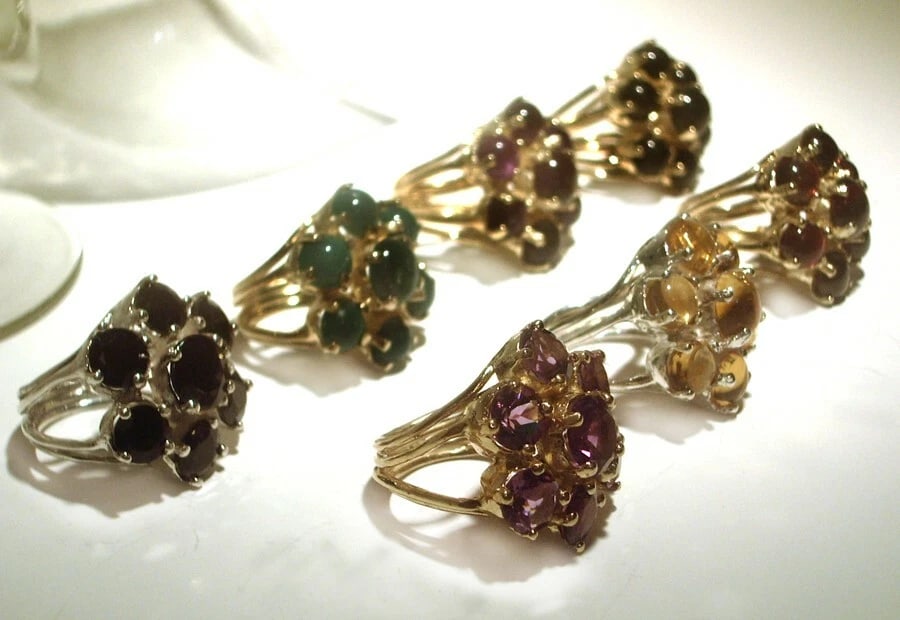 18 kt Gold Vermeil Sterling Silver Flower Cocktail Ring Green Onyx Cabochons - 5