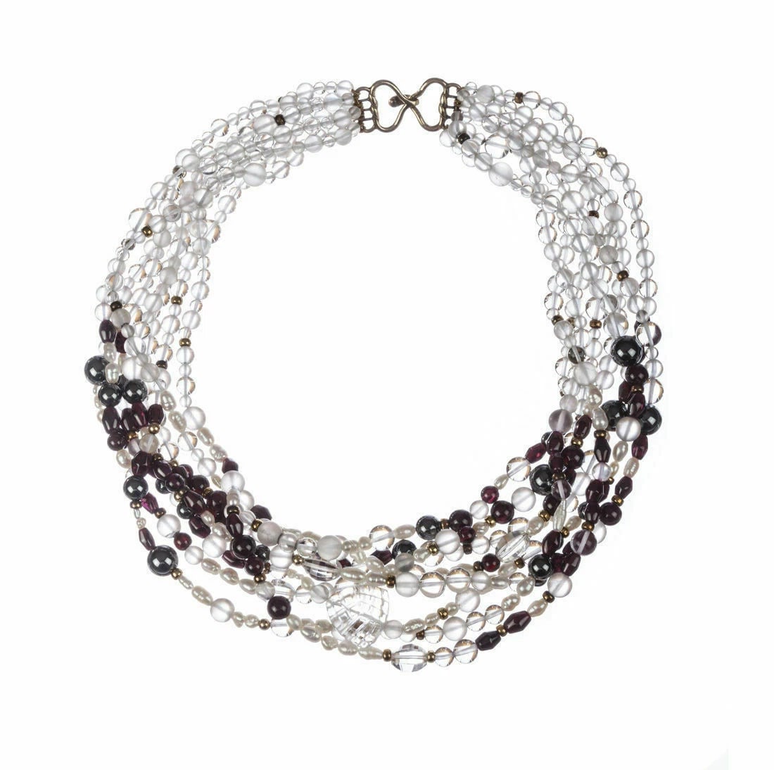 Rock Crystal, Garnet, Hematite and Freshwater Pearl Bead Necklace: Title:Rock Crystal, Garnet, Hematite and Freshwater Pearl Bead Necklace Description:Torsade made of 18 kt gold vermeil beads over sterling silver, red garnet, various sizes of hematite, various sizes