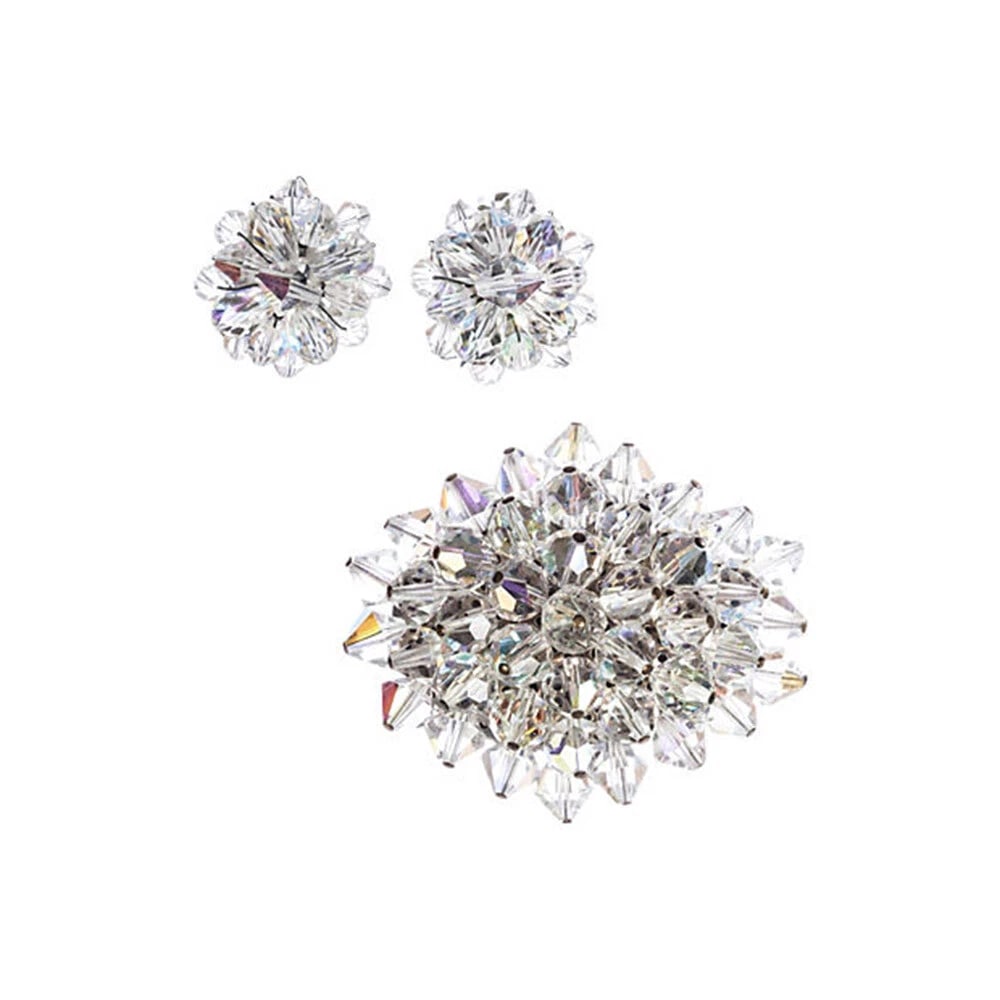 Crystal Bead Earrings & Pin Set: Title:Crystal Bead Earrings & Pin Set Description:1950s lead crystal bead clip back earrings and pin set. Earrings, 1"Dia. Reserve: $84.00 Shipping: Domestic: Free shipping to anywhere within the
