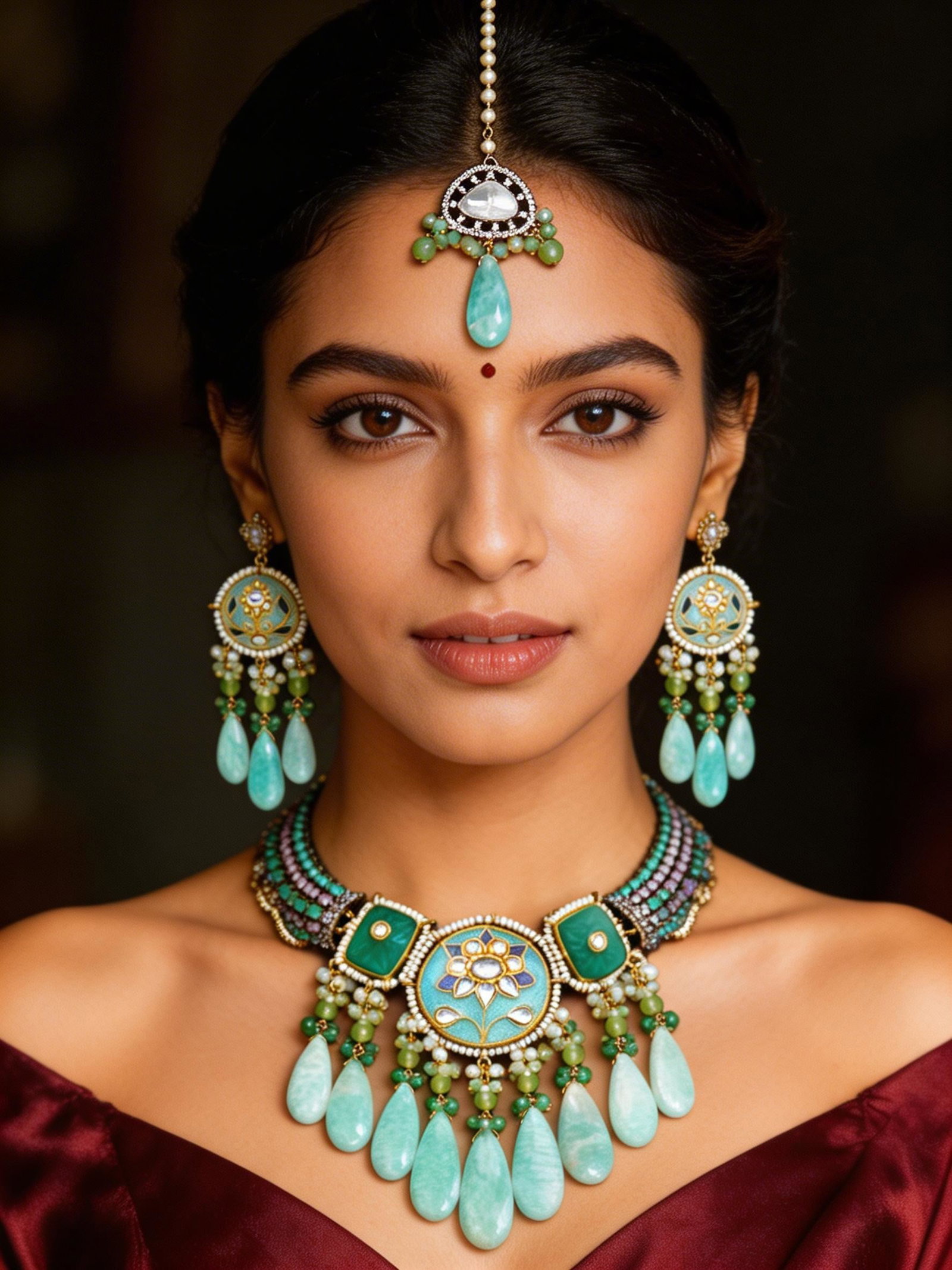 Aqua Green Stone Studded Meenakari Choker Set with Maang Tikka & Beaded Drops: Title:Aqua Green Stone Studded Meenakari Choker Set with Maang Tikka & Beaded Drops Reference:itemcode : JA0414 Reserve: $173.00 Shipping: Domestic: Shipping rates are determined by destination
