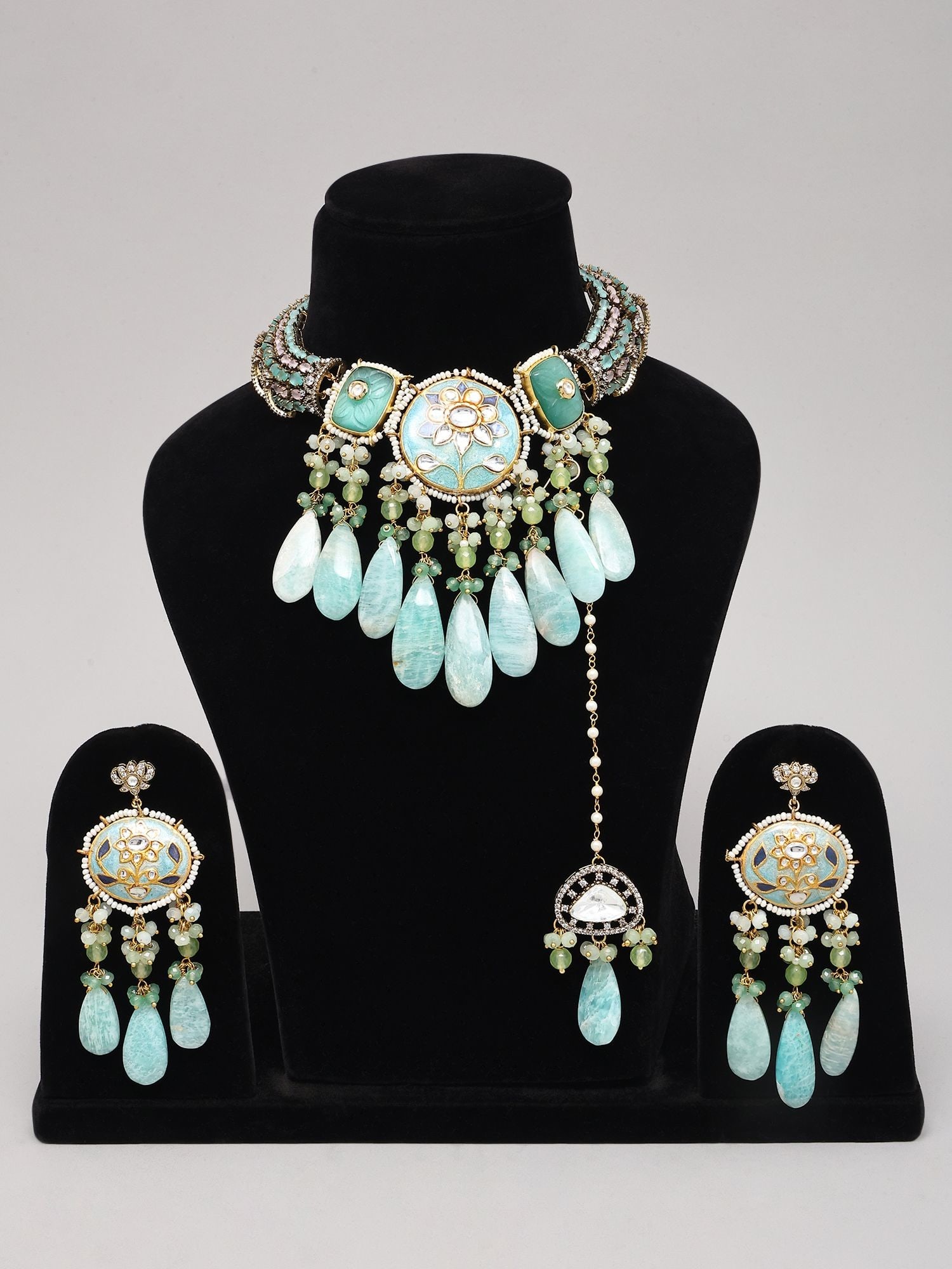 Aqua Green Stone Studded Meenakari Choker Set with Maang Tikka & Beaded Drops - 2