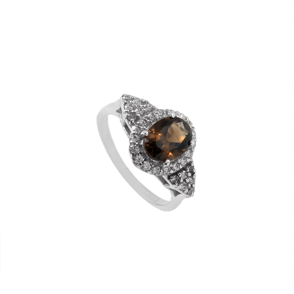 1.3 Carat Smocky Quartz, Cubic Zirconia 925 Sterling Silver Halo Ring - 2