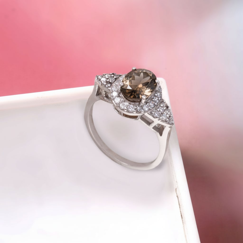 1.3 Carat Smocky Quartz, Cubic Zirconia 925 Sterling Silver Halo Ring - 3