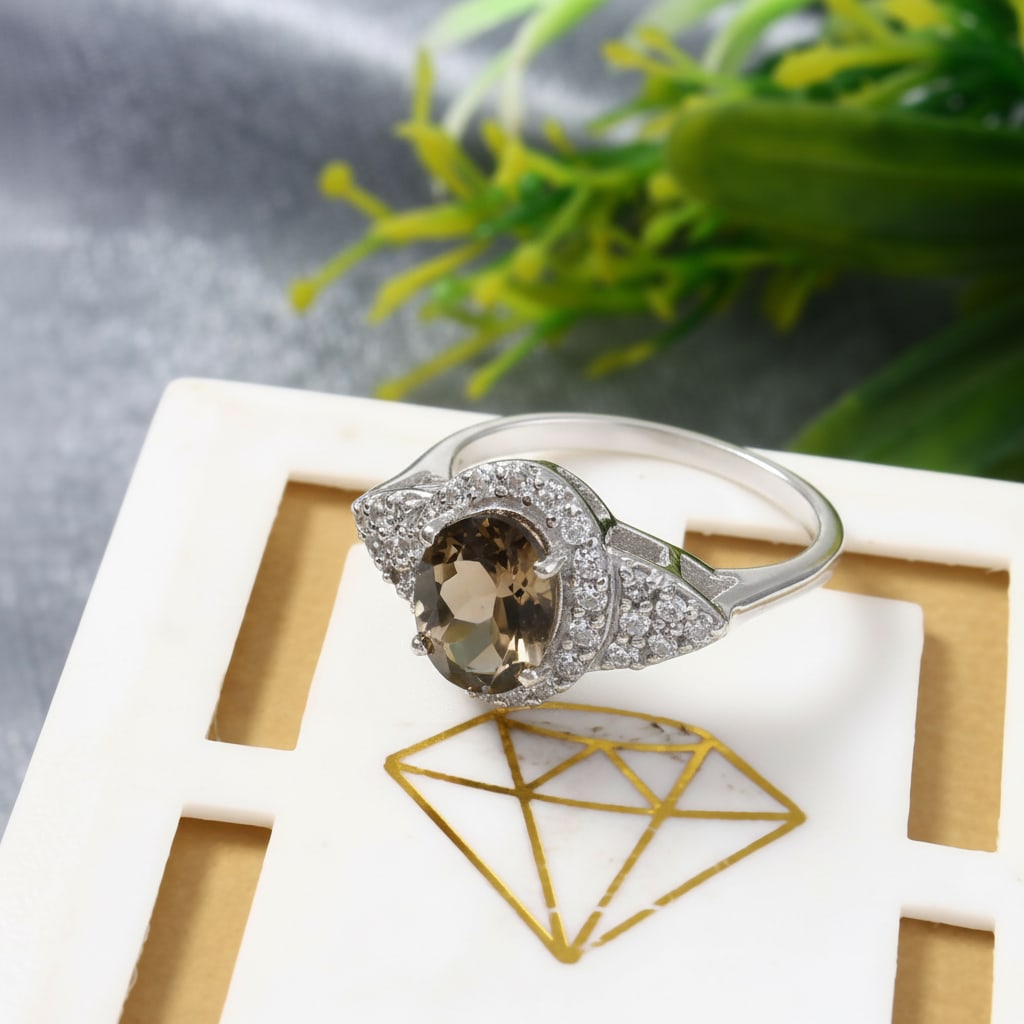 1.3 Carat Smocky Quartz, Cubic Zirconia 925 Sterling Silver Halo Ring - 4