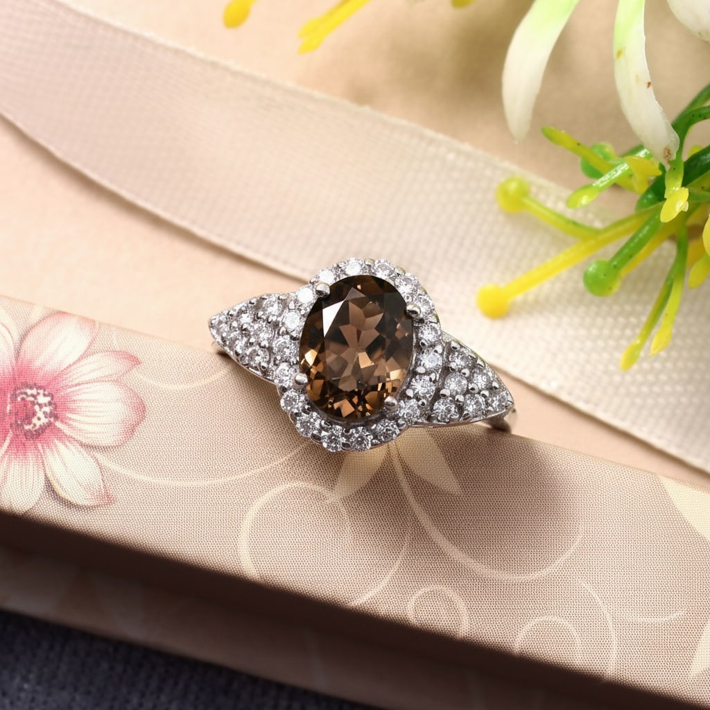 1.3 Carat Smocky Quartz, Cubic Zirconia 925 Sterling Silver Halo Ring - 5