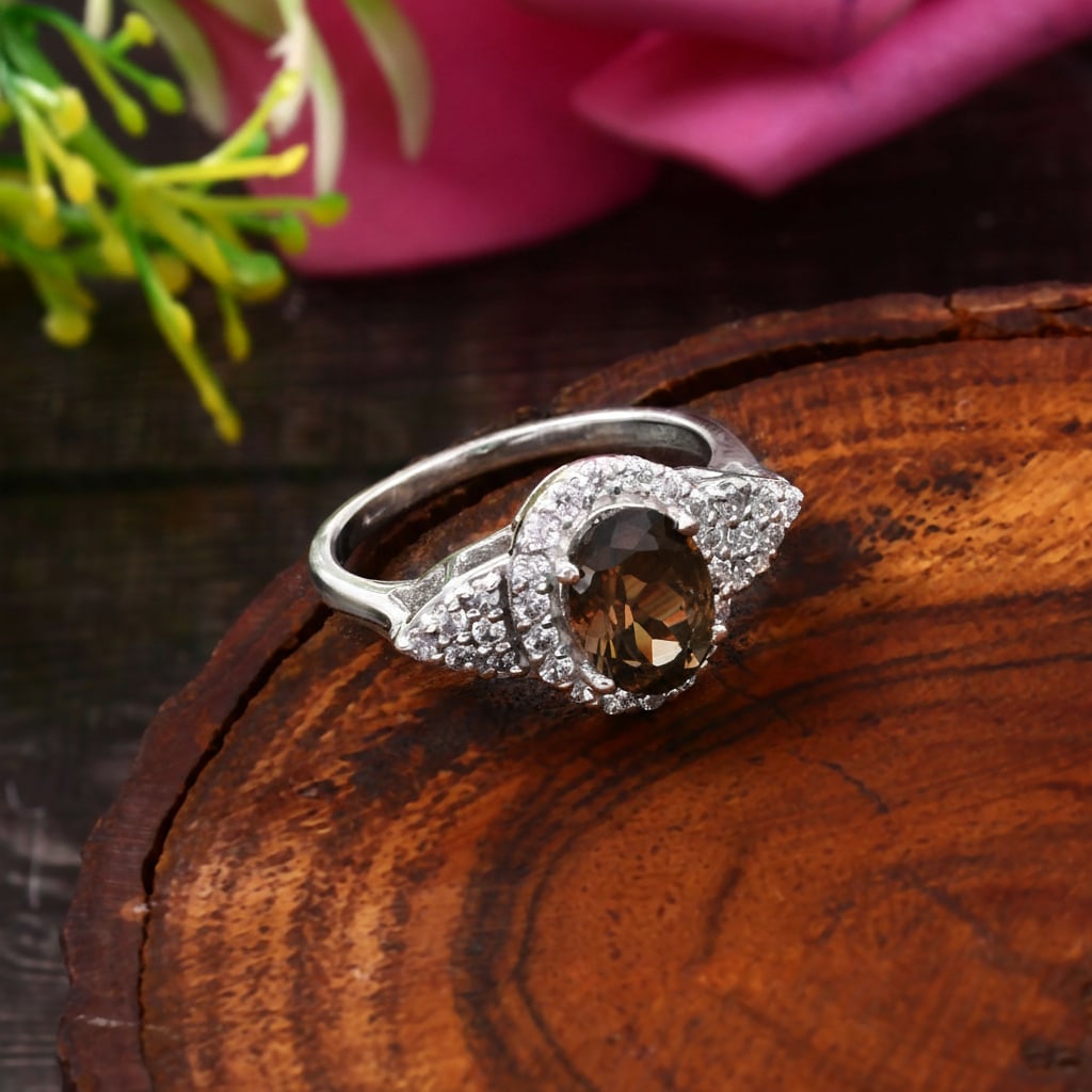 1.3 Carat Smocky Quartz, Cubic Zirconia 925 Sterling Silver Halo Ring - 6