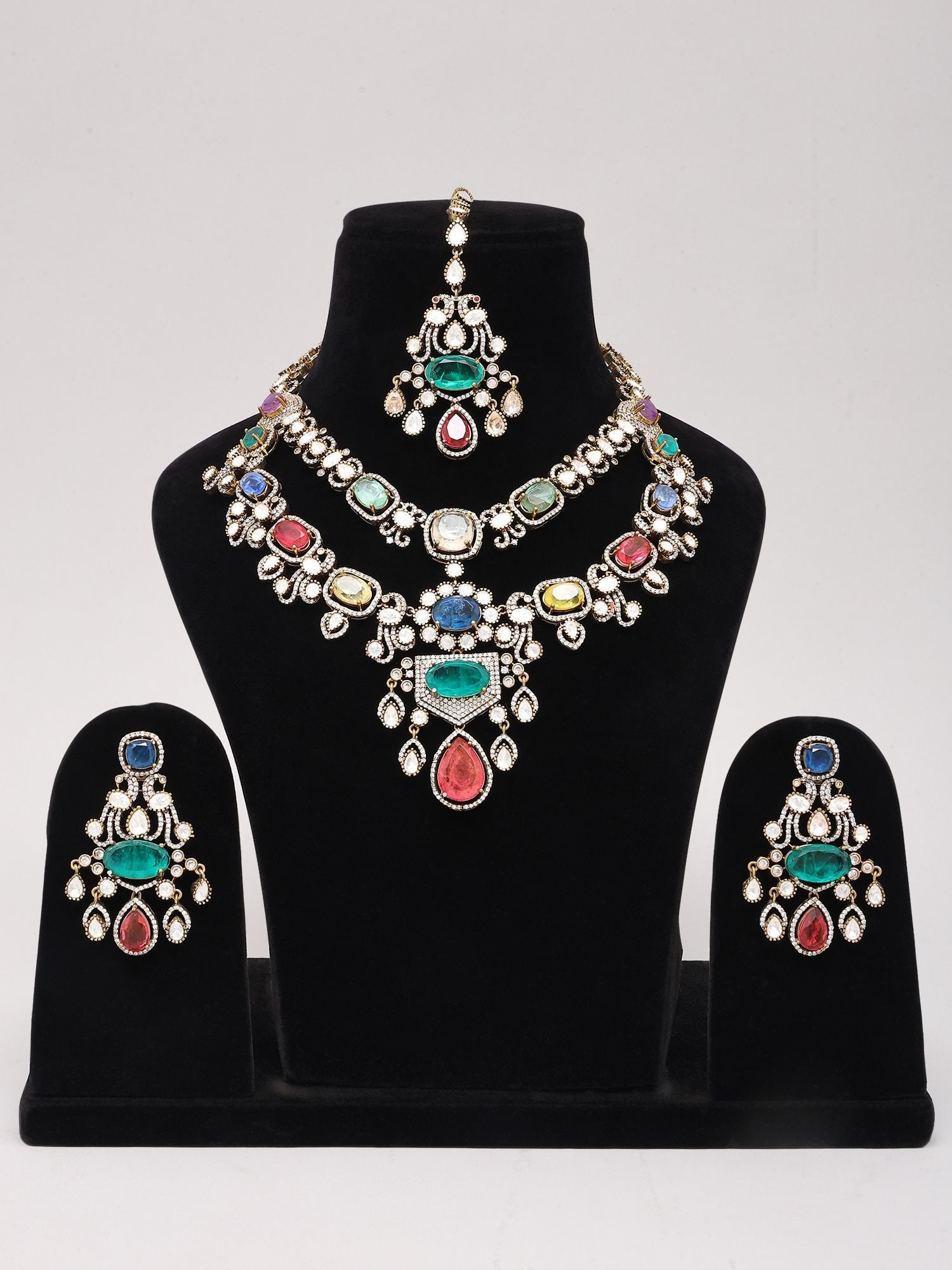 Multi-Color Kundan Stone Studded Necklace set with Maang Tikka and Earrings - 2