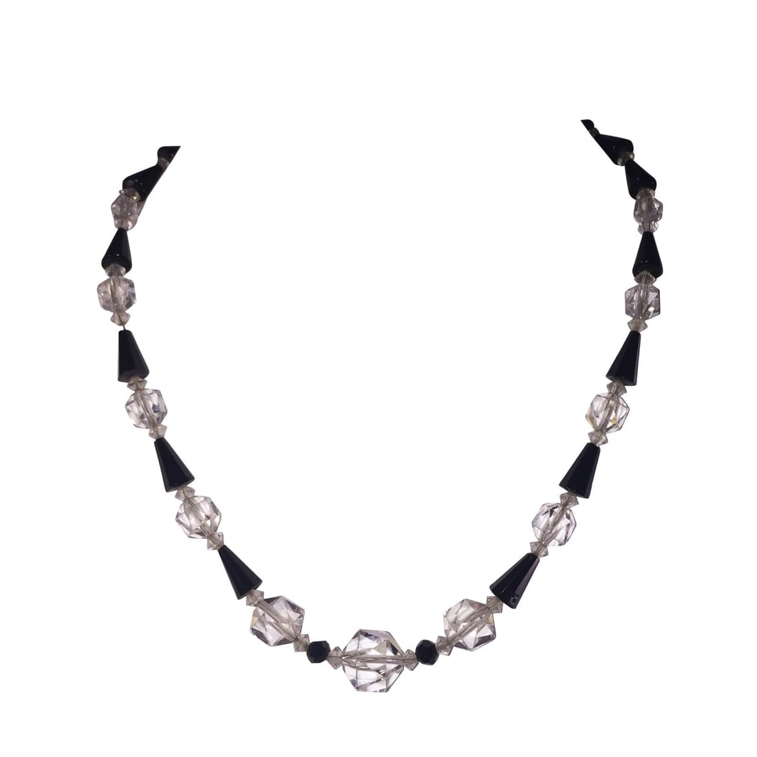Art Deco French Faceted Crystal and Black Glass Bead Necklace - 2