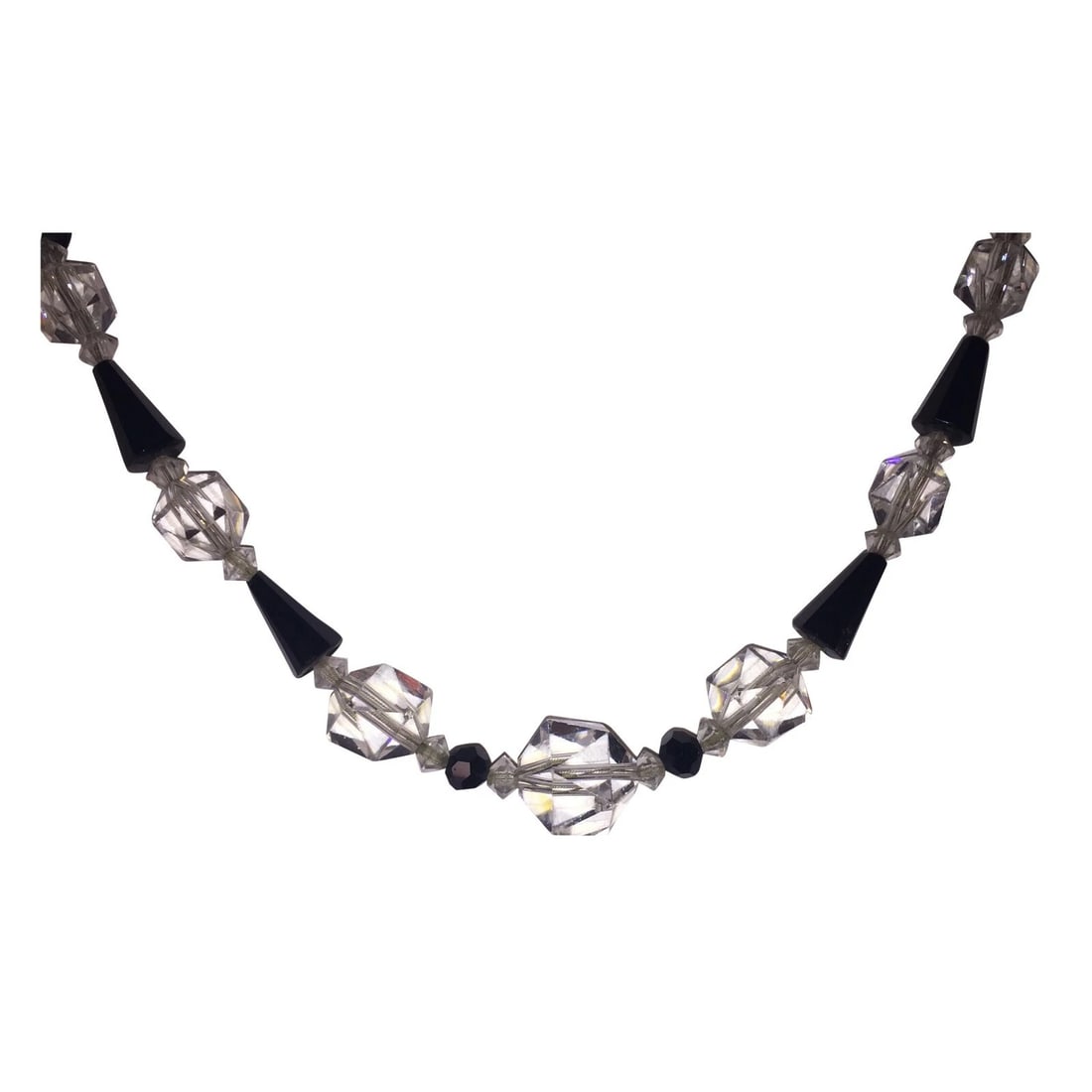 Art Deco French Faceted Crystal and Black Glass Bead Necklace - 3