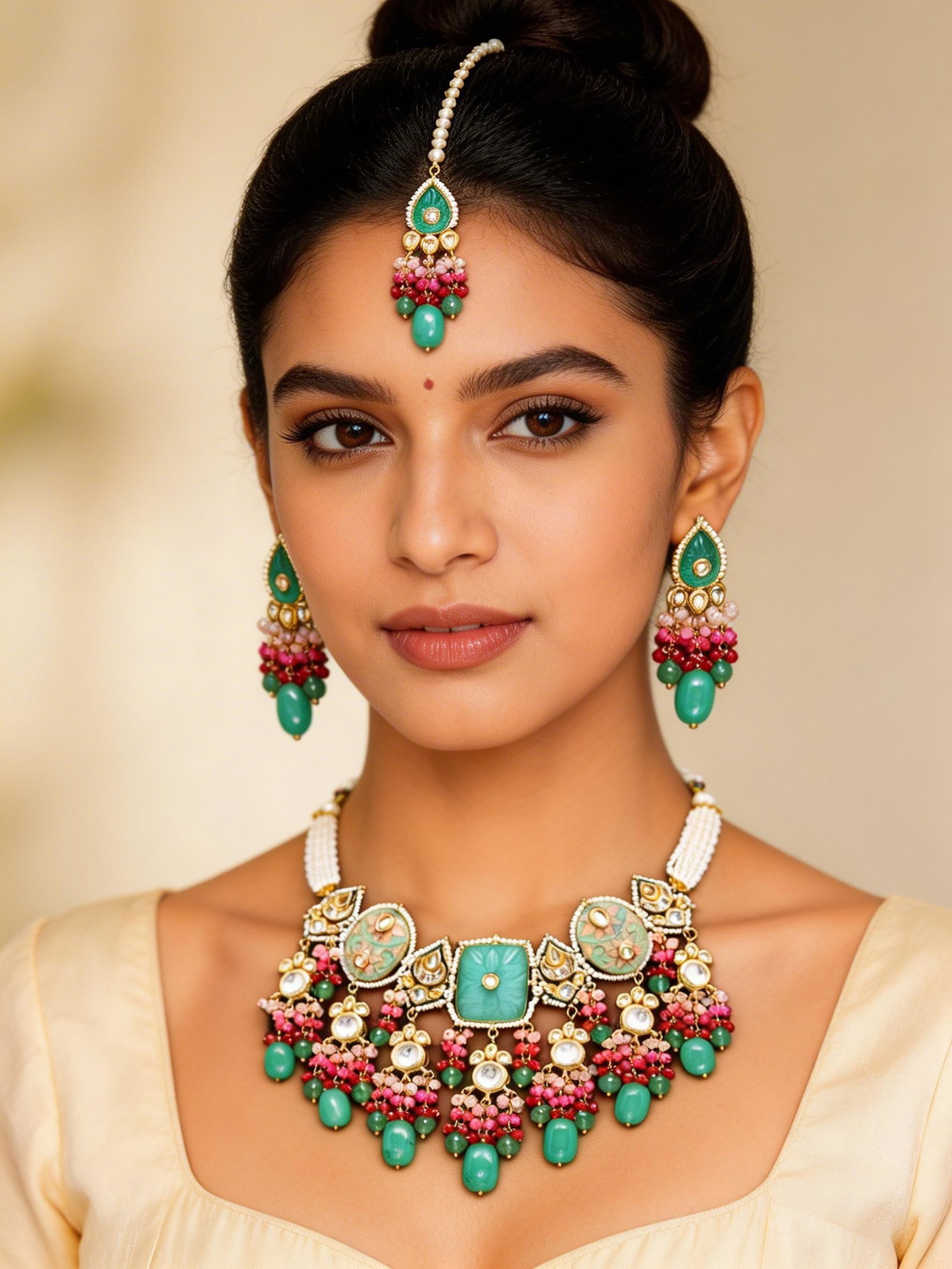Multi Beaded Strand Meenakari Style Kundan Choker Set with Maang Tikka (1 of 2)