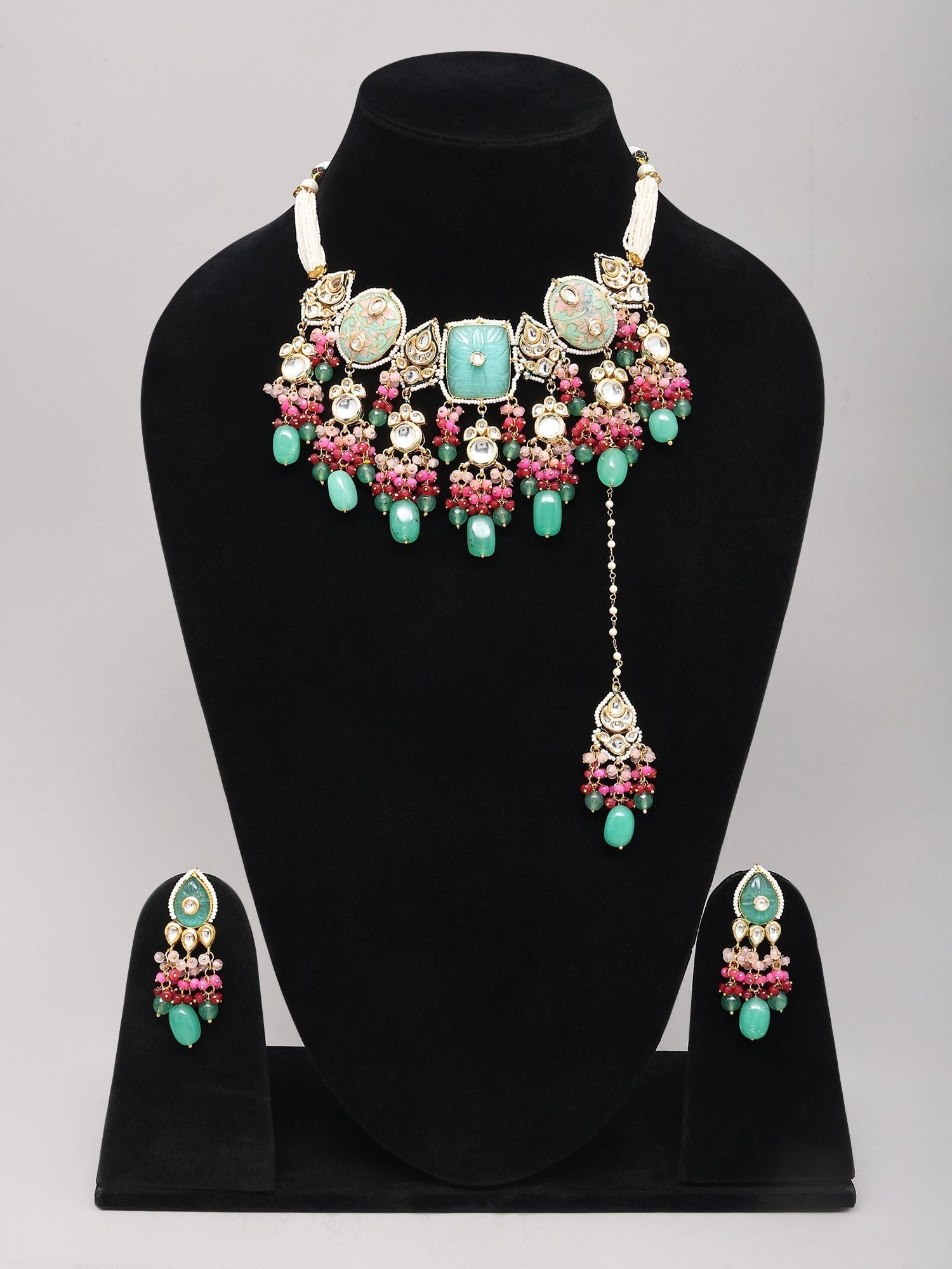 Multi Beaded Strand Meenakari Style Kundan Choker Set with Maang Tikka - 2