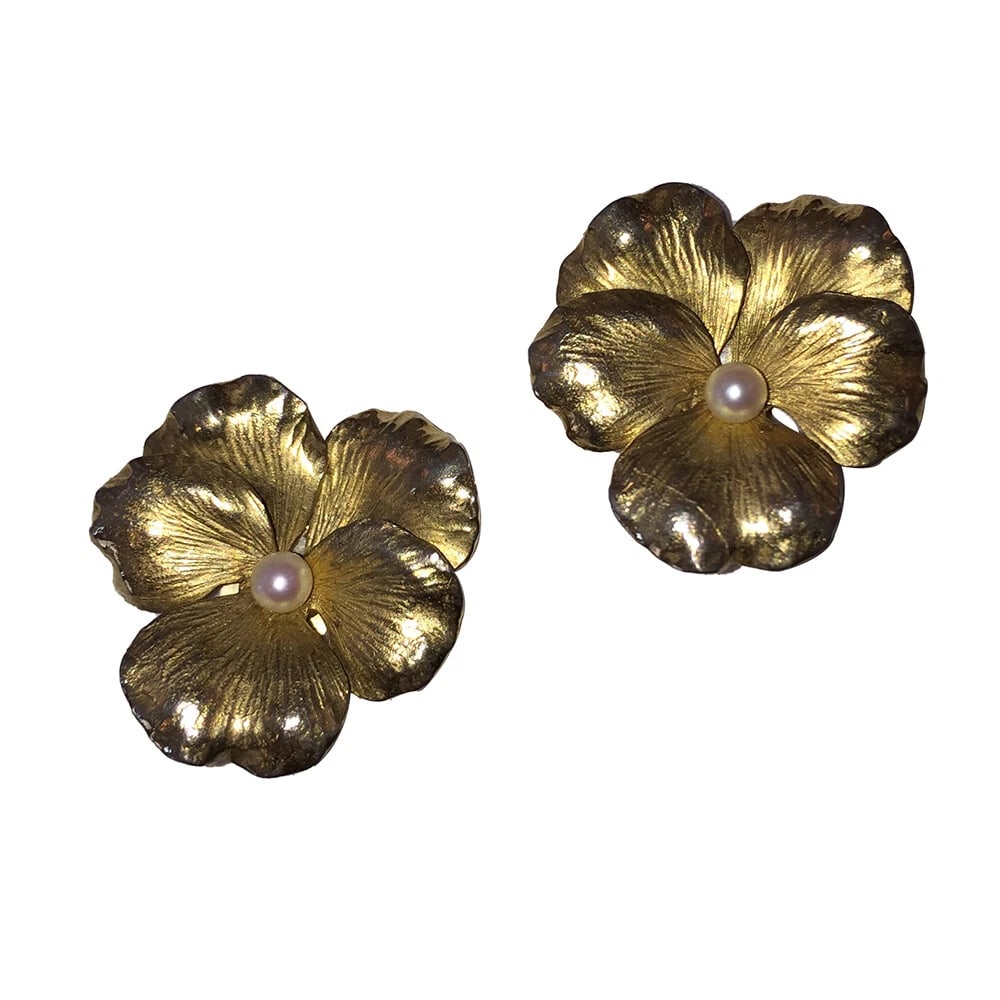 14 kt Gold Vermeil Sterling Flower Earrings with Cultured Pearls - 2